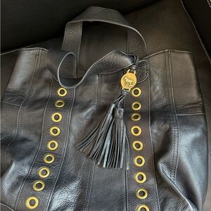 Emma Fox Black Leather Tote Bag with Gold Accents